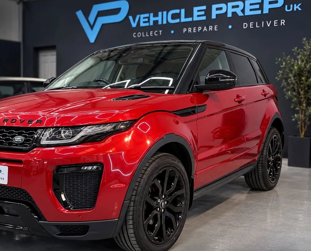 A finished Range Rover Evoque in the Vehicle Prep UK unit, washed, serviced and wheels painted.