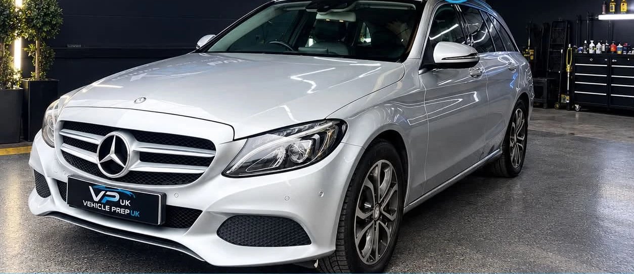A silver Mercedes C-Class estate after valeting and servicing.