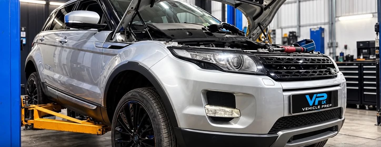 A Range Rover Evoque raised on the lift in the Vehicle Prep UK workshop during a cam belt and service.
