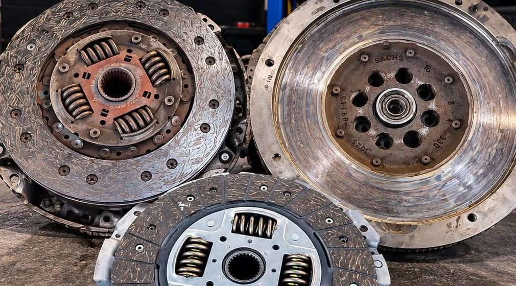 The old clutch and dual-mass flywheel removed from a Mercedes Sprinter.